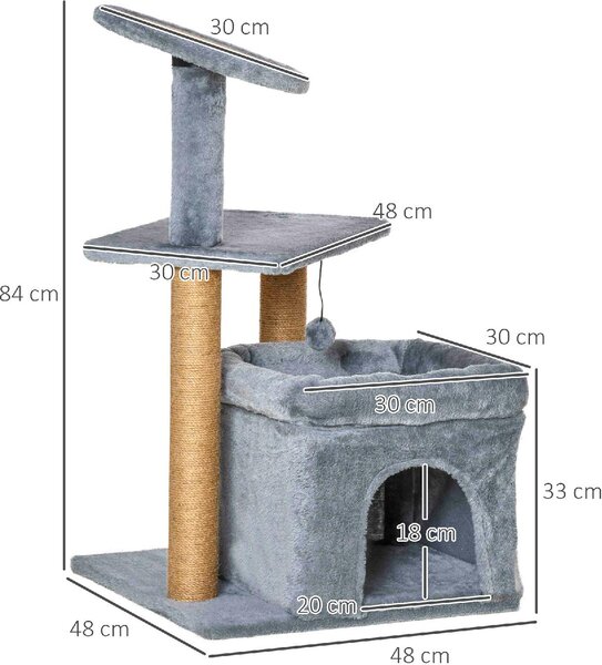 AllMyPets Tiragraffi per Gatti Albero Tiragraffi con Pali in Corda Juta Casetta e Cuscino Rivestimento in Peluche Altezza 84cm Grigio