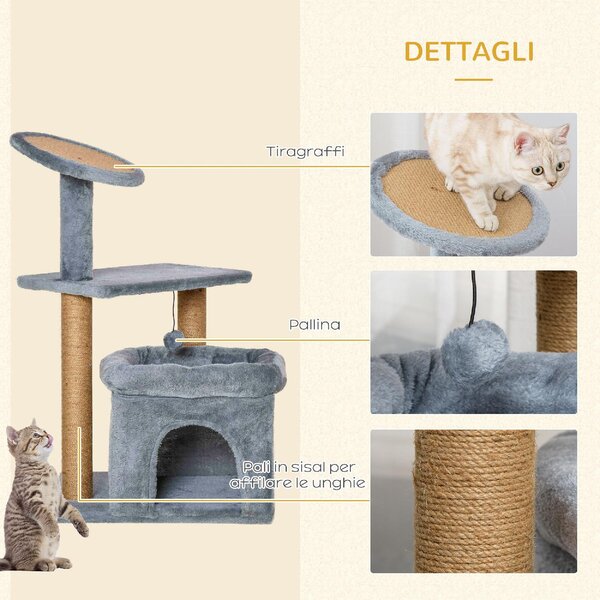 AllMyPets Tiragraffi per Gatti Albero Tiragraffi con Pali in Corda Juta Casetta e Cuscino Rivestimento in Peluche Altezza 84cm Grigio
