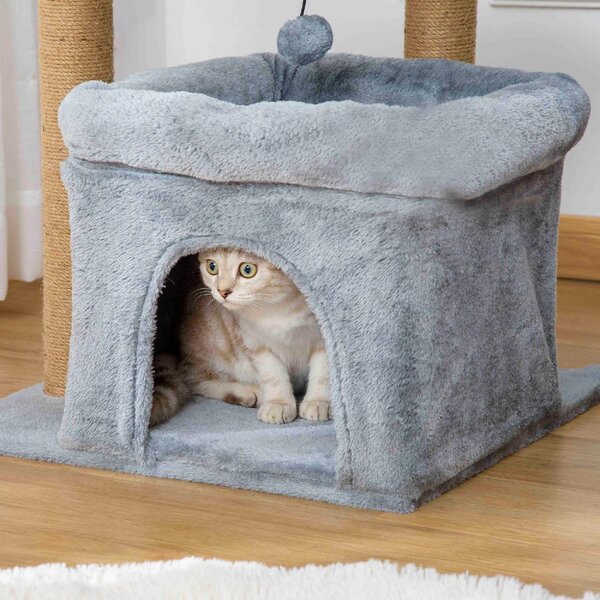AllMyPets Tiragraffi per Gatti Albero Tiragraffi con Pali in Corda Juta Casetta e Cuscino Rivestimento in Peluche Altezza 84cm Grigio