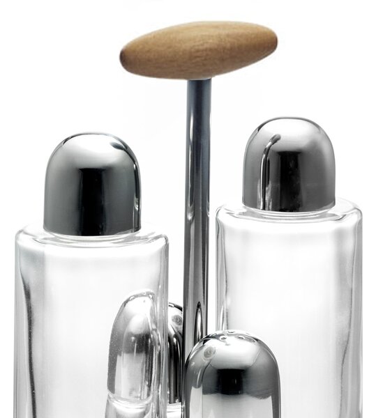 Oliera Base Ovale Linea Apollo in acciaio lucido con ampolle in vetro e tappo salva goccia manico in legno