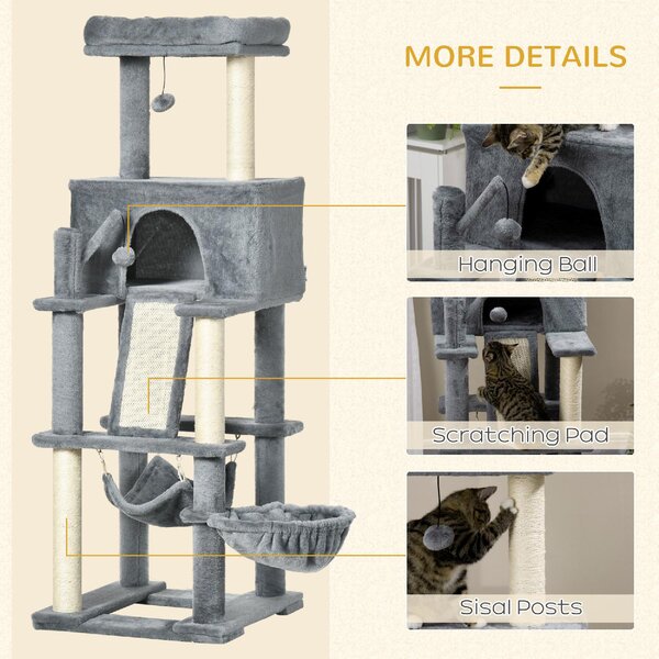 AllMyPets Tiragraffi per Gatti Albero Tiragraffi con Pali in Sisal Casetta Lettino e Amache 48x48x140cm Grigio - 566V00GY-D30