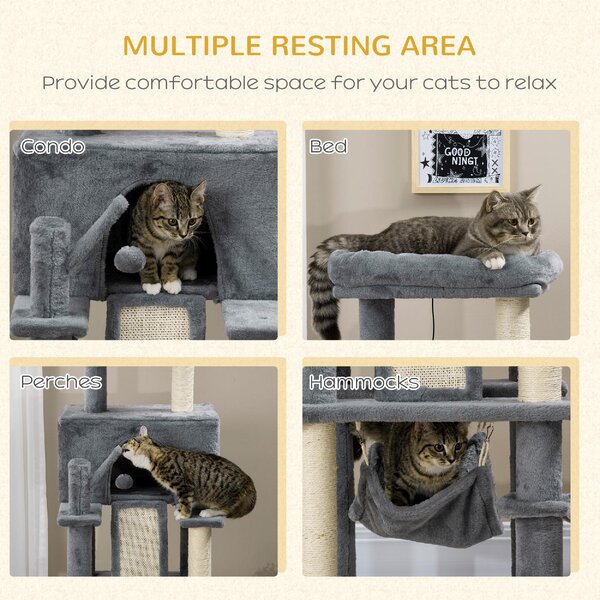 AllMyPets Tiragraffi per Gatti Albero Tiragraffi con Pali in Sisal Casetta Lettino e Amache 48x48x140cm Grigio - 566V00GY-D30