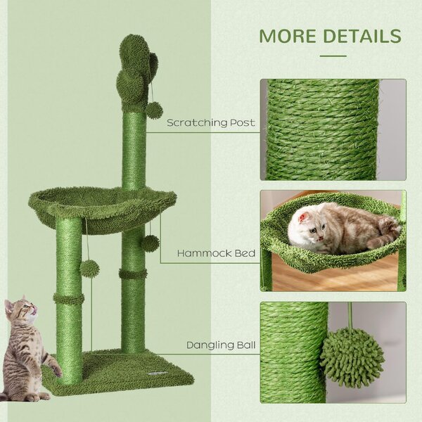 AllMyPets Tiragraffi per Gatti Albero Tiragraffi fino 4.5kg a Forma di Cactus con Palline e Amaca 40x40x96cm Verde - D48DH51