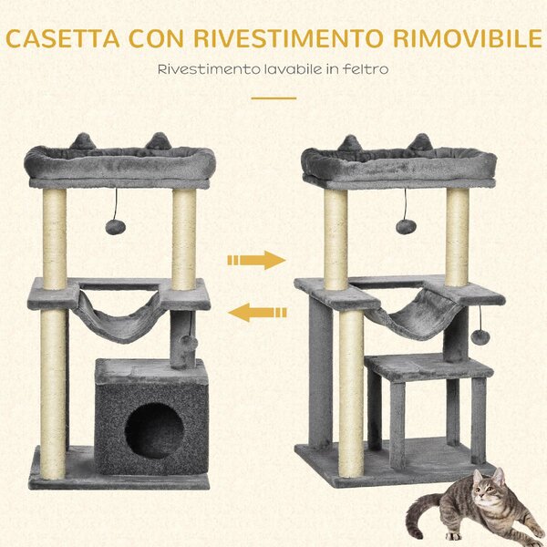 AllMyPets Tiragraffi per Gatti Albero Tiragraffi in Corda Sisal Casetta Cuscino e Amaca Rivestimento in Peluche e Feltro Altezza 100cm Grigio