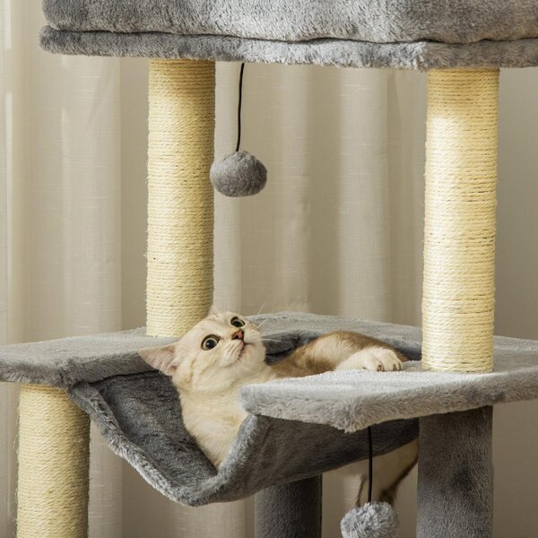 AllMyPets Tiragraffi per Gatti Albero Tiragraffi in Corda Sisal Casetta Cuscino e Amaca Rivestimento in Peluche e Feltro Altezza 100cm Grigio