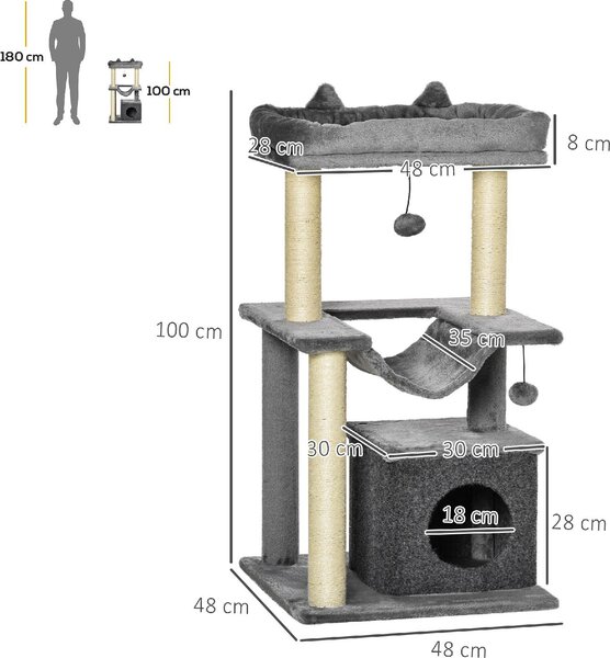 AllMyPets Tiragraffi per Gatti Albero Tiragraffi in Corda Sisal Casetta Cuscino e Amaca Rivestimento in Peluche e Feltro Altezza 100cm Grigio