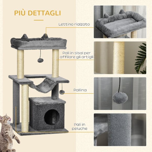 AllMyPets Tiragraffi per Gatti Albero Tiragraffi in Corda Sisal Casetta Cuscino e Amaca Rivestimento in Peluche e Feltro Altezza 100cm Grigio