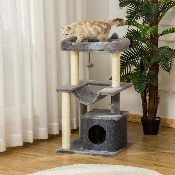 AllMyPets Tiragraffi per Gatti Albero Tiragraffi in Corda Sisal Casetta Cuscino e Amaca Rivestimento in Peluche e Feltro Altezza 100cm Grigio