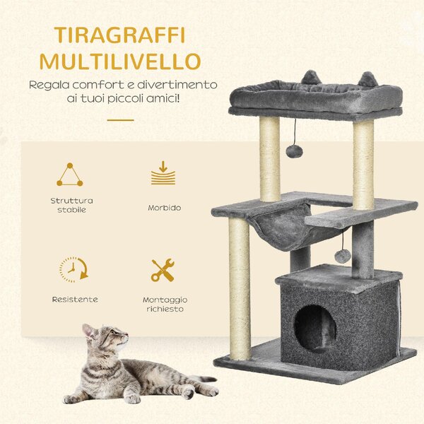 AllMyPets Tiragraffi per Gatti Albero Tiragraffi in Corda Sisal Casetta Cuscino e Amaca Rivestimento in Peluche e Feltro Altezza 100cm Grigio