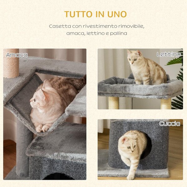 AllMyPets Tiragraffi per Gatti Albero Tiragraffi in Corda Sisal Casetta Cuscino e Amaca Rivestimento in Peluche e Feltro Altezza 100cm Grigio