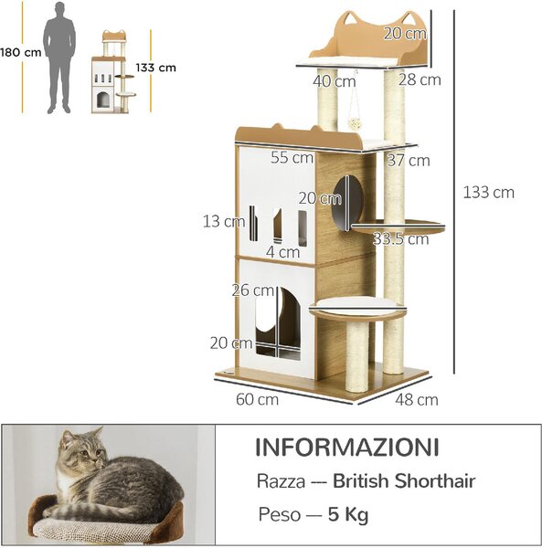 AllMyPets Tiragraffi per Gatti Albero Tiragraffi in MDF 2 Casette e Pallina da Gioco 60x48x133 cm - D72AMPAK