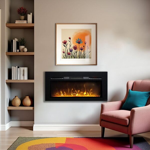 Camino elettrico ElectricSun PAULA vetro XS nero, a parete, a pavimento o incorporabile, con suono, 10 colori, con l'app, L102xH45cm