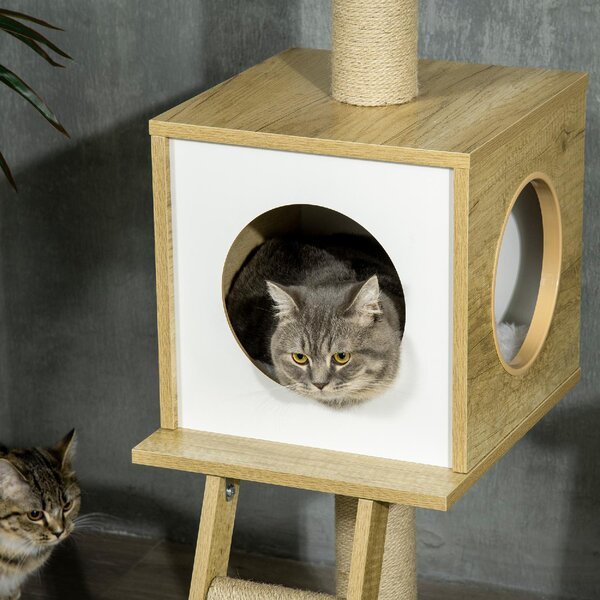 AllMyPets Tiragraffi per Gatti Albero Tiragraffi in Truciolato ad Altezza Regolabile Casetta Amaca e Pallina 40x40x225-285 cm