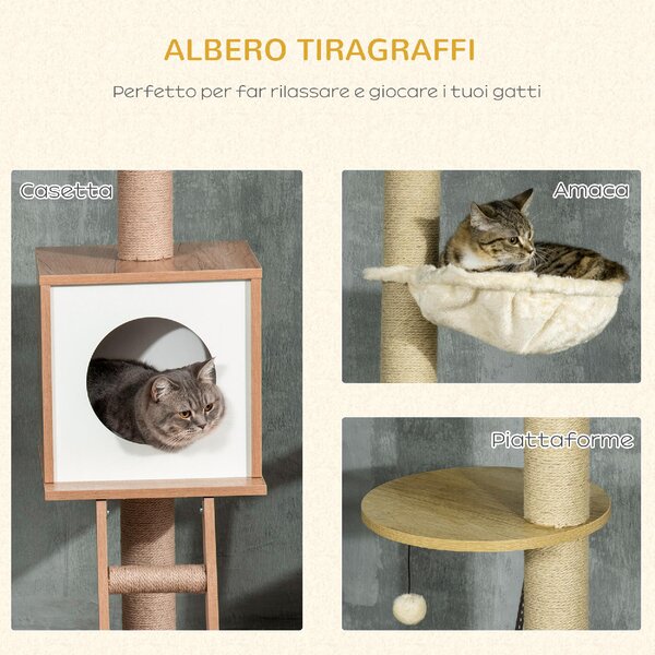 AllMyPets Tiragraffi per Gatti Albero Tiragraffi in Truciolato ad Altezza Regolabile Casetta Amaca e Pallina 40x40x225-285 cm
