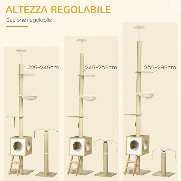 AllMyPets Tiragraffi per Gatti Albero Tiragraffi in Truciolato ad Altezza Regolabile Casetta Amaca e Pallina 40x40x225-285 cm