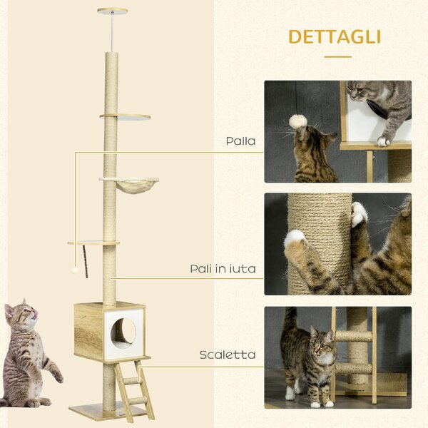 AllMyPets Tiragraffi per Gatti Albero Tiragraffi in Truciolato ad Altezza Regolabile Casetta Amaca e Pallina 40x40x225-285 cm