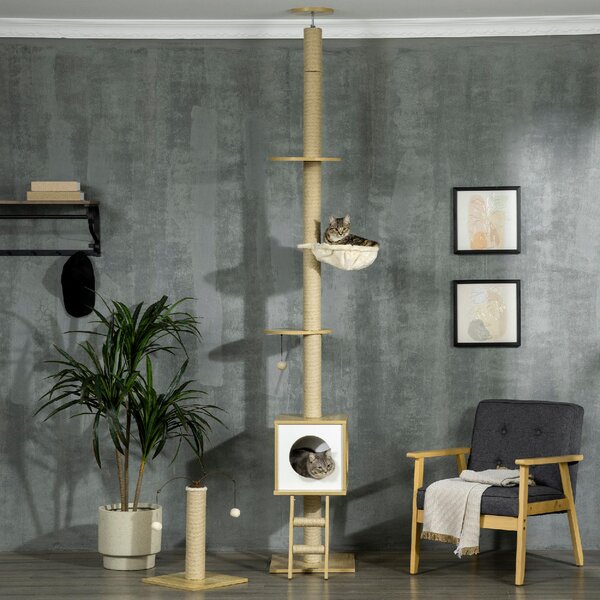 AllMyPets Tiragraffi per Gatti Albero Tiragraffi in Truciolato ad Altezza Regolabile Casetta Amaca e Pallina 40x40x225-285 cm