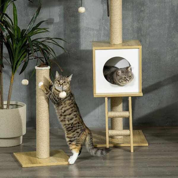 AllMyPets Tiragraffi per Gatti Albero Tiragraffi in Truciolato ad Altezza Regolabile Casetta Amaca e Pallina 40x40x225-285 cm