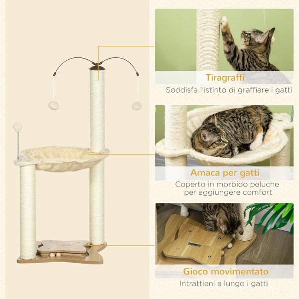 AllMyPets Tiragraffi per Gatti Albero Tiragraffi max 5kg con Amaca Palline da Gioco e Pali in Sisal 53.5x53.5x90 cm Beige - 586V00BG-D30