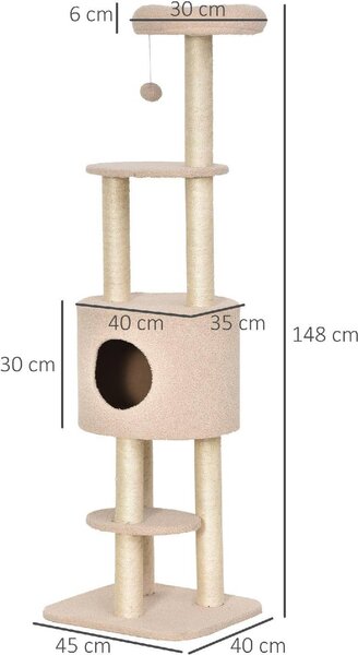 AllMyPets Tiragraffi per Gatti Albero Tiragraffi Robusto con 5 Livelli, Cuccia, Casetta, Giochi e Corda Sisal Max 30kg colore Beige - D30D71BG