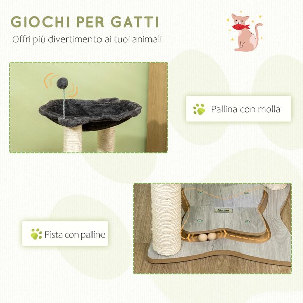 AllMyPets Tiragraffi per Gatti con Amaca in Peluche Base in Legno con Gioco e Pali in Sisal 53.55x53.5x66cm Grigio - 575V00CG-D30