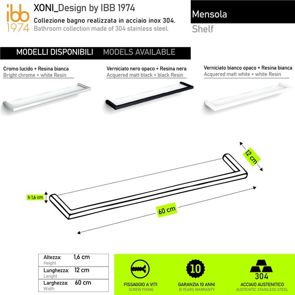 Mensola in acciaio inox 304 linea XONY dimensioni 60x12xh 1,6 cm finitura nero opaco made in italy