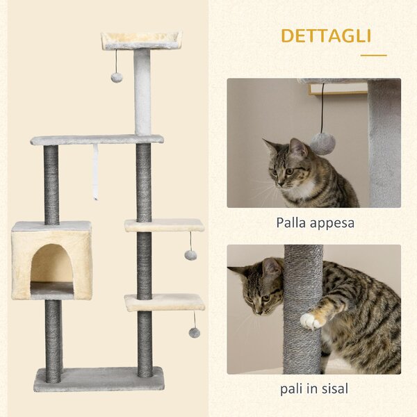 AllMyPets Tiragraffi per Gatti Alto 156cm con Lettino Casetta e Pali Tiragraffi in Sisal - D97AMPLG
