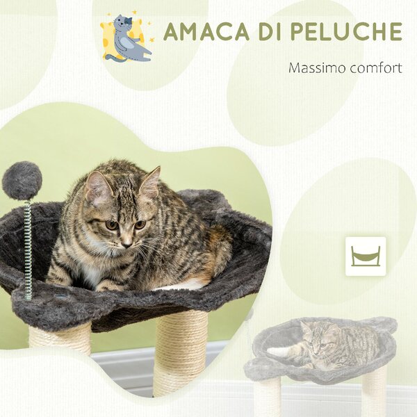 AllMyPets Tiragraffi per Gatti con Amaca in Peluche Base in Legno con Gioco e Pali in Sisal 53.55x53.5x66cm Grigio - 575V00CG-D30