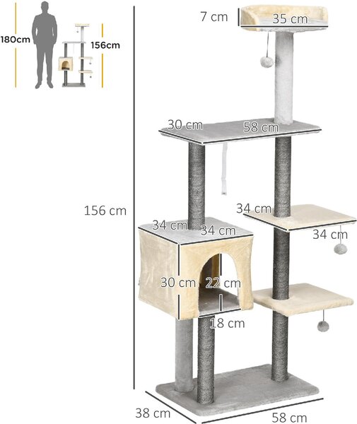 AllMyPets Tiragraffi per Gatti Alto 156cm con Lettino Casetta e Pali Tiragraffi in Sisal - D97AMPLG