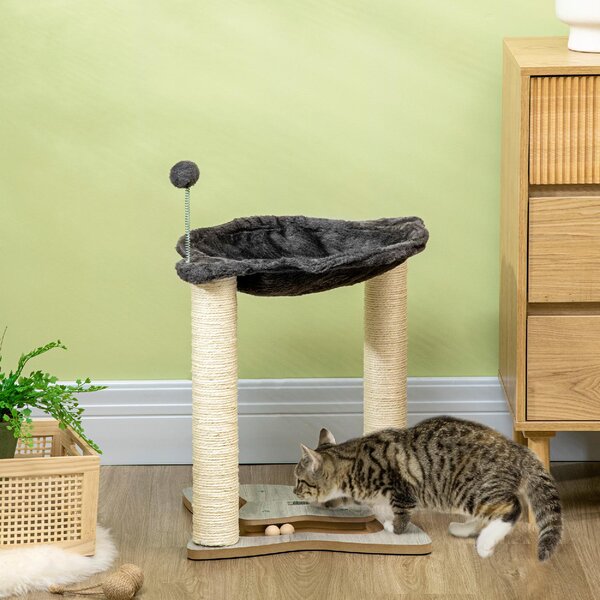 AllMyPets Tiragraffi per Gatti con Amaca in Peluche Base in Legno con Gioco e Pali in Sisal 53.55x53.5x66cm Grigio - 575V00CG-D30
