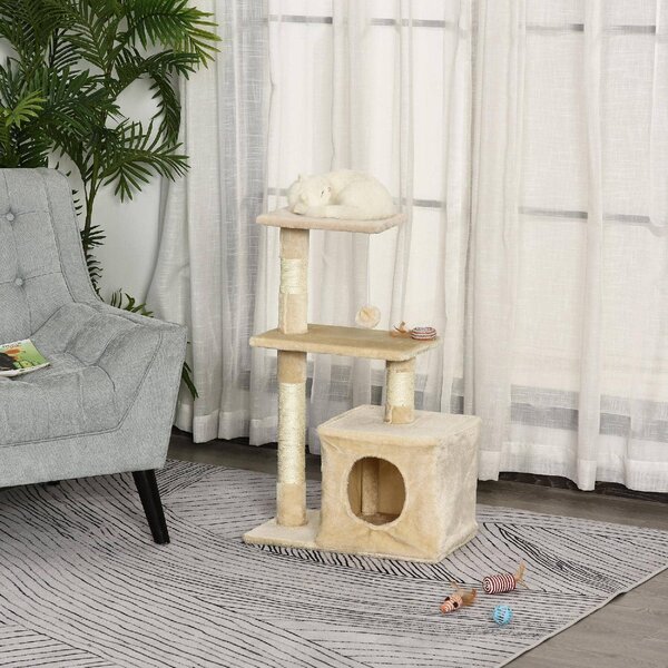 AllMyPets Tiragraffi per Gatti con Cuccia per Gatti Pallina corda in sisal peluche in legno beige - D30D85CG
