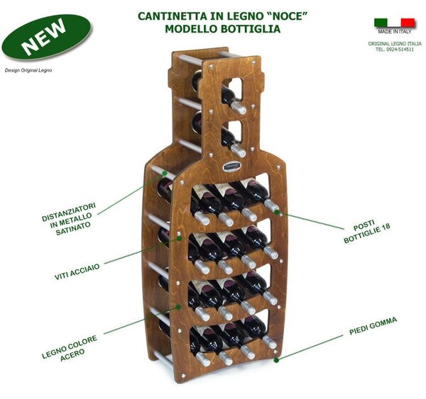 Cantinetta Portabottiglie in legno Bottiglia 50x25xh120cm 18 bottiglie Noce
