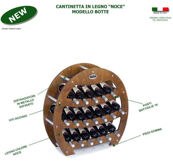 Cantinetta Portabottiglie in legno Botte 75x25xh75 cm contenuto 18 bottiglie colore Acero