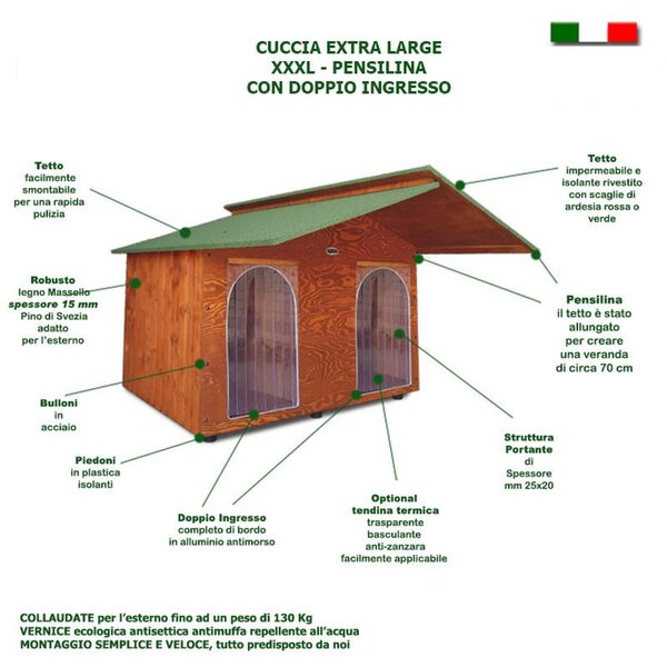 Cuccia extra large doppio ingresso in legno con tettino coibentato 150x180xh155 cm pi� pensilina collaudo per 130 Kg
