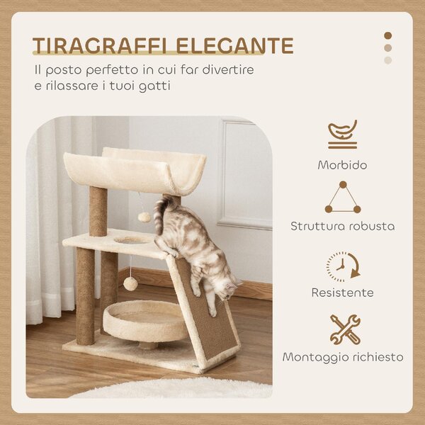 AllMyPets Tiragraffi per Gatti con Lettino, Cuccia e Tappetino in Legno, Peluche e Sisal 60x30x76 cm colore Marrone Chiaro - R52581