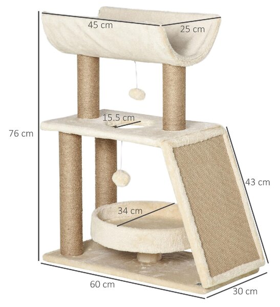 AllMyPets Tiragraffi per Gatti con Lettino, Cuccia e Tappetino in Legno, Peluche e Sisal 60x30x76 cm colore Marrone Chiaro - R52581