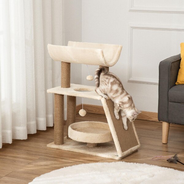 AllMyPets Tiragraffi per Gatti con Lettino, Cuccia e Tappetino in Legno, Peluche e Sisal 60x30x76 cm colore Marrone Chiaro - R52581