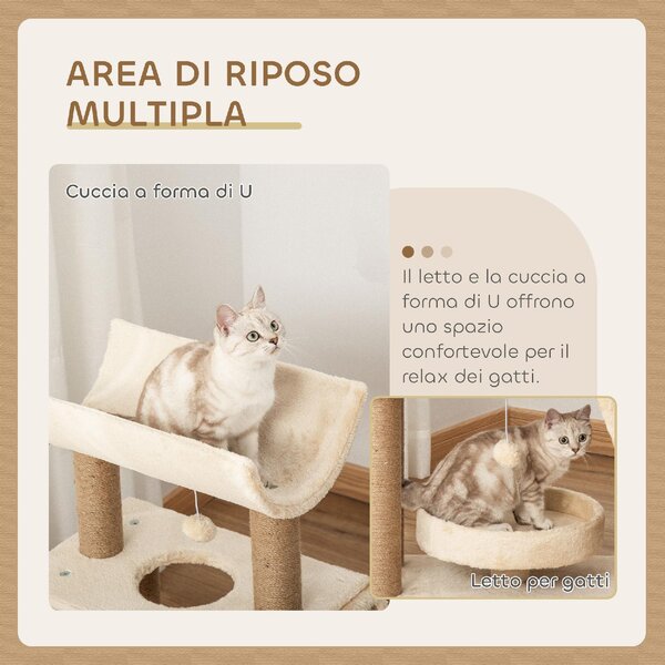 AllMyPets Tiragraffi per Gatti con Lettino, Cuccia e Tappetino in Legno, Peluche e Sisal 60x30x76 cm colore Marrone Chiaro - R52581
