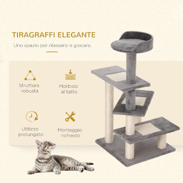 AllMyPets Tiragraffi per Gatti da 100 cm con Lettino Rotondo Pali in Sisal e Rivestimento in Peluche colore Grigio - 83A867F
