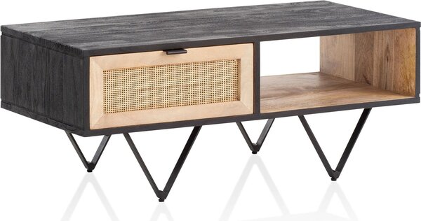 WOHNLING Tavolino da salotto Tavolino in legno massello e rattan 90x45x37cm Tavolino da soggiorno Tavolo