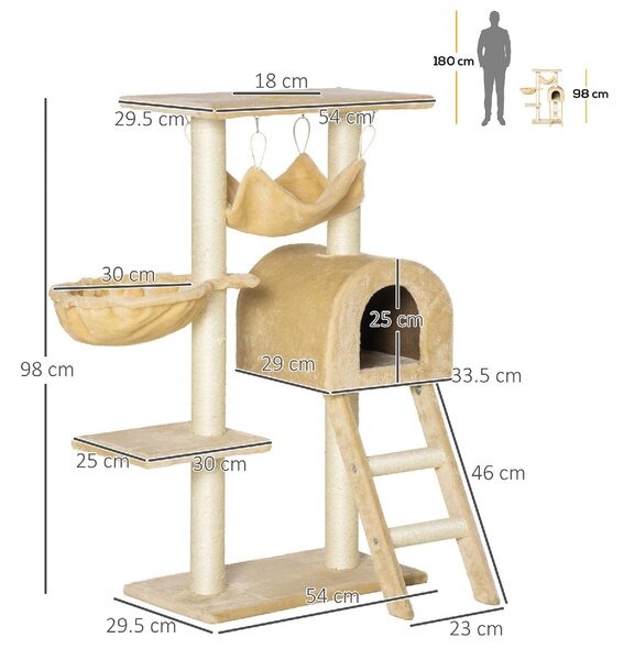 AllMyPets Tiragraffi per Gatti Multilivello con Amaca e Casetta Corde in Sisal Naturale 5530100cm - 064V01D30