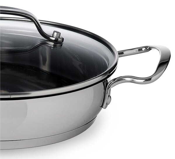 Tegame due manici 24 cm con coperchio in vetro pyrex linea Sintesi Mepra, acciaio inox 18.10 per piano elettrico, induzione, gas, alogeno, vetroceramica , forno
