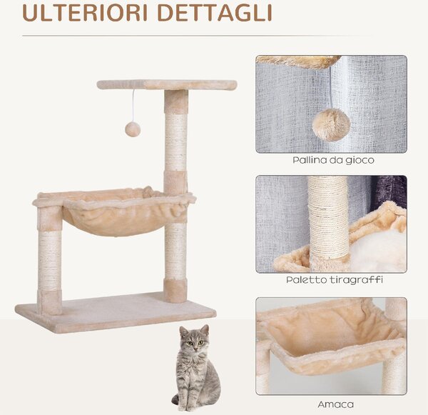 AllMyPets Tiragraffi per Gatti Multilivello con Amaca e Pallina in Legno e Peluche 50x36x70 cm colore Beige - DHD3003