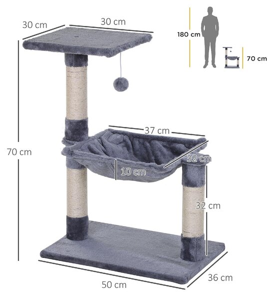 AllMyPets Tiragraffi per Gatti Multilivello con Amaca e Pallina in Legno e Peluche 50x36x70 cm colore Grigio - GY-D3LY