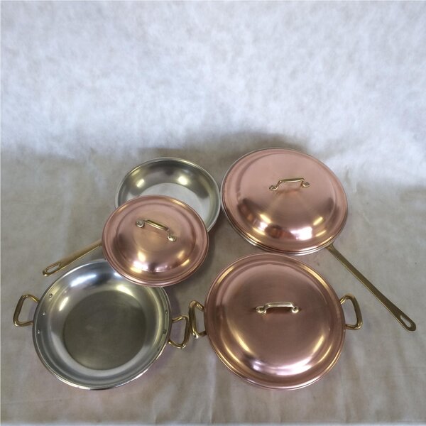 Batteria in Rame stagnato 6 pezzi - 2 Padelle + 1 Tegame + 1 Casseruola + 2 coperchi con manico in ottone