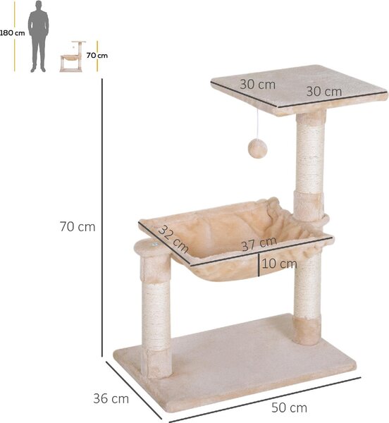 AllMyPets Tiragraffi per Gatti Multilivello con Amaca e Pallina in Legno e Peluche 50x36x70 cm colore Beige - DHD3003