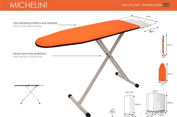 Asse da Stiro da Stiro IRONING BOARD piano di stiratura 122X40 cm - peso 8 kg chiusa ingombra solo 9 cm max regolabile Made in italy