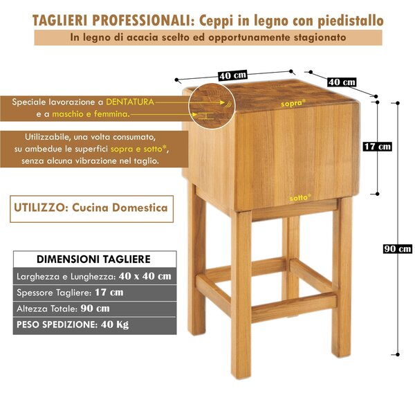Ceppo in Legno massello con piedistallo 40x40x17xh90 cm -peso 40 kg in legno di Acacia stagionato con lavorazione dentatura maschio Femmina