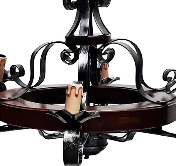 Lampadario ferro Battuto e legno 6 luci 74x74xh42cm -Peso 9 kg interno esterno, colore legno con ricci in ferro battuto