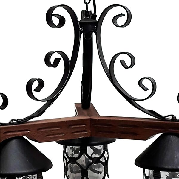 Lampadario in legno e ferro Battuto 3 Lampade 57xh52 cm da appendere con catena